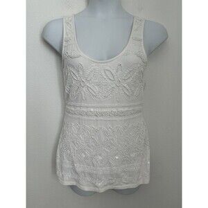White Heavily Beaded Tank Top Women Knit Scoop Neck Beach Coastal Cruise M